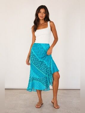 Worthington Petite Blue/Teal Floral Asymmetrical Paisley Ruffled Skirt 10P